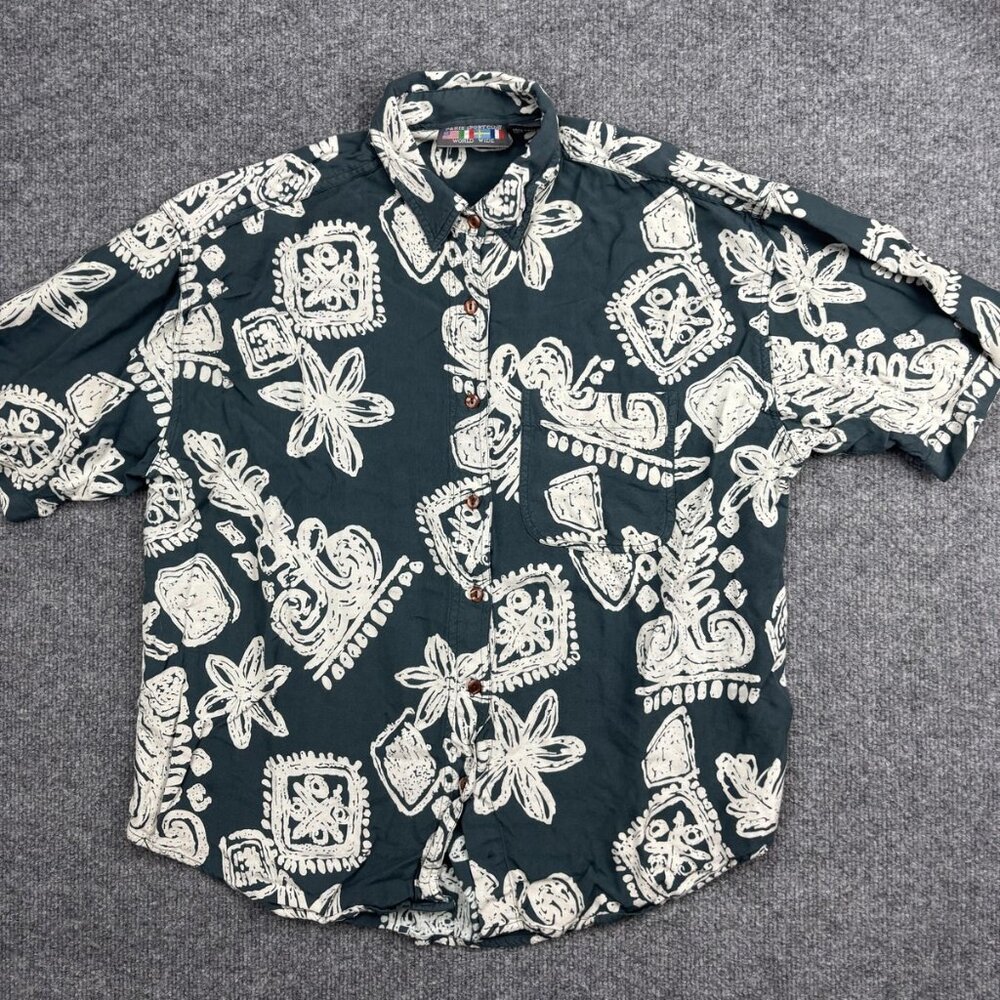 Paris Sport Club‎ Shirt Mens Large Green Rayon Hawaiian Floral Button Up Casual